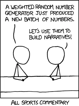 An XKCD comic describing sports commentary as narratives built from random numbers